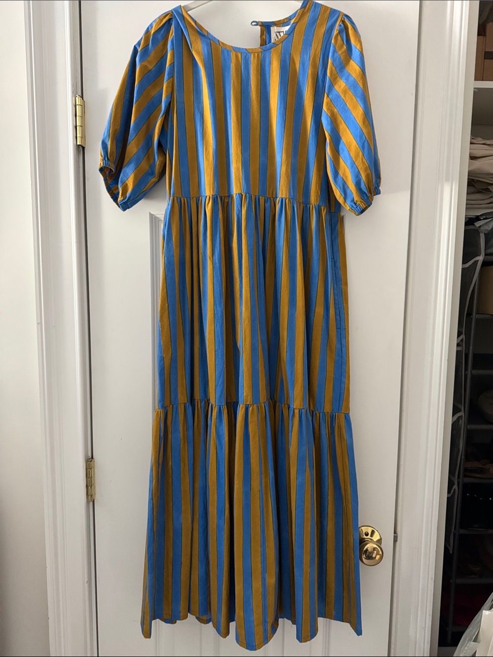 SZ Blockprints Gaia Dress in blue and camel stripe - size small - like new